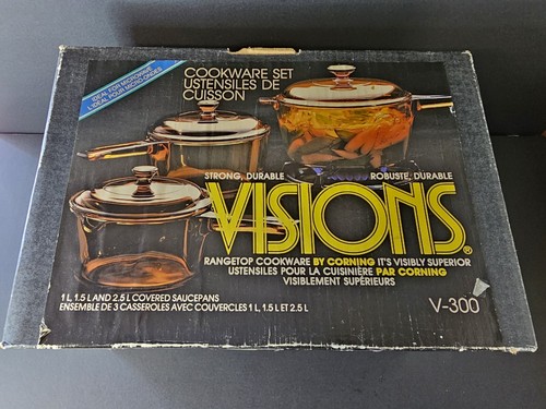 Vintage BRAND NEW Amber Corning Ware Visions V300 Sauce Pan 6 Piece Set - Picture 2 of 6
