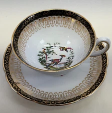 Aynsley Fine Bone China Teacup & Saucer Set Black with Roses - England