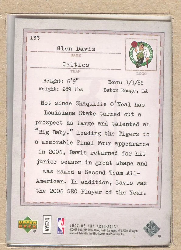 Glen Davis 133 2007-08 Upper Deck Artifacts Rookie Legacies 0140/1299 - Image 2 of 2