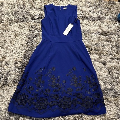 Calvin Klein Floral Dress Women's Size 4 Blue Black Flower Print Zip Back NWT