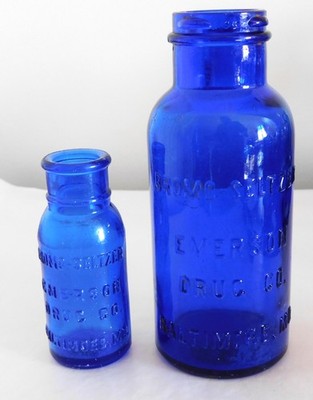 2 BROMO-SELTZER EMMERSON DRUG CO. - Embossed Cobalt Blue Medicine Bottles (#72)