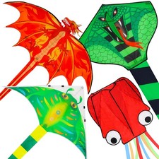 4 Pack Kites - Large Fire Dragon Kite Green Snake Devil Fish Red Mollusc Octo...