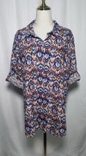 Intro. Love Blouse Shirt Top XL Linen Blend Women Roll Tab Button Slits Blue Red