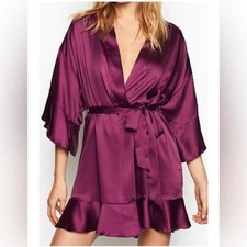 Victoria's Secret Women's Kimono Flounce Robe Satin Deep Purple Ruffle Sleeves