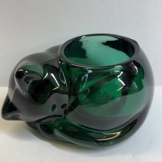 Vintage Green Glass Cat Planter Bowl Art Glass Kitten Votive Trinket Dish