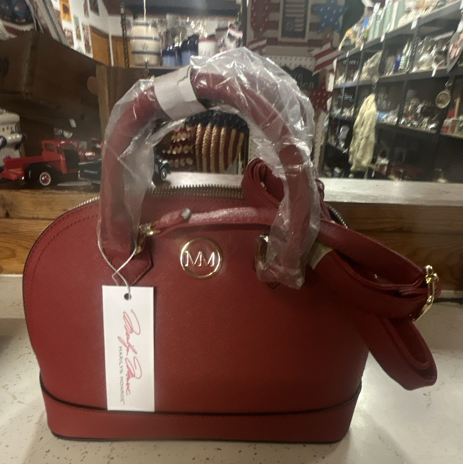 Marilyn Monroe Red Dome Satchel Top Handle Zip Bag Detachable Strap Gold