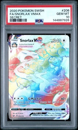 PSA 10 Snorlax Vmax 206/202 Pokemon Sword Shield Base Rainbow Secret