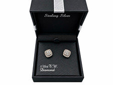 1/10 CTW Diamond Square Cluster Stud Earrings Sterling Silver 925 Butterfly