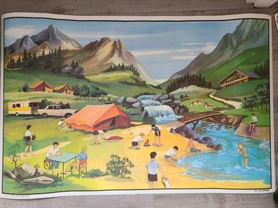 Antique 1950s School Poster. Le Camping et l'Hiver. Collection...