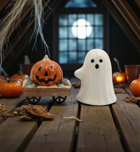 Friendly Ghost & Pumpkin Wagon Salt and Pepper Shakers, Handpainted Halloween
