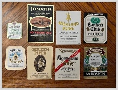 Tomatin Golden Piper Scotch Whisky Bottle Labels Mr. Boston Bar ~1920s Era