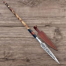 Hand Forged High Carbon Steel Etched Solid Viking Medieval Spear with Sheath