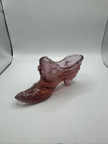 Vintage Fenton Art Glass Dusty Rose Pink Cabbage Rose Shoe /Slipper