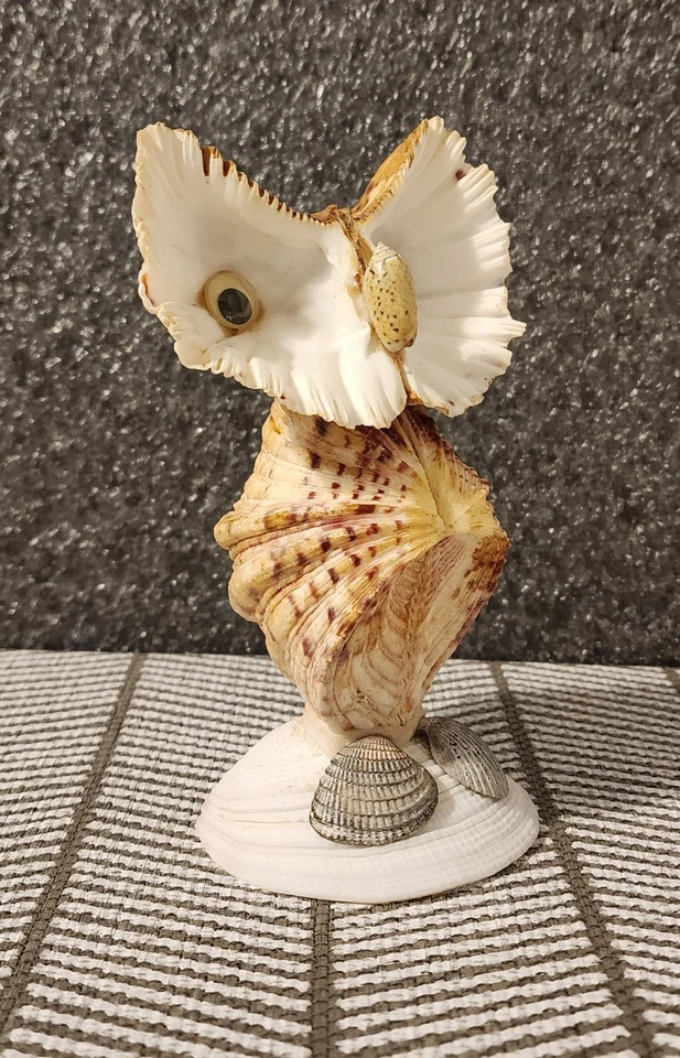 Vintage Sea Shell Owl Art Sculpture Statue On Shell Base Handmade Large 6” - Image 2 of 4