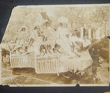 1800's Antique Photo Cardboard Parade Girls In White Dress Parasol Flag  Niagara