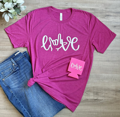 NWT, Bella Canvas, Berry Triblend Tee & Can Cooler LOVE ILY Sign Language, L