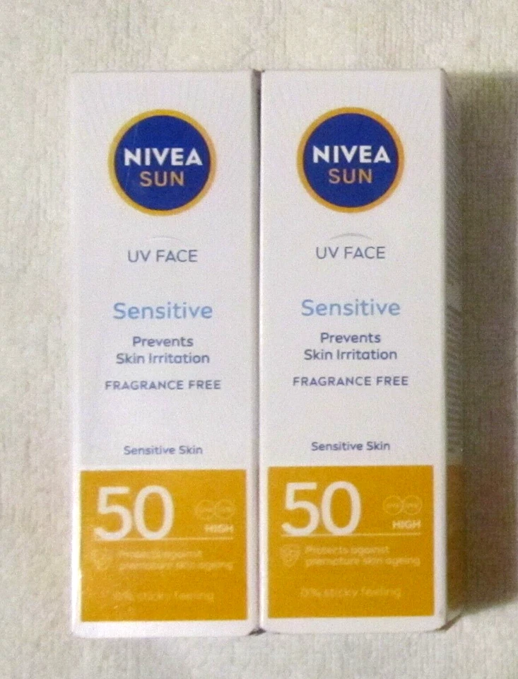2 x 50 ml NIVEA Sun UV Face Cream Sensitive SPF 50 Fragrance Free New Stock