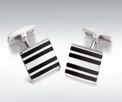 Boutons De Manchette Carrés En Argent Sterling Noir Émail Stripe Hoxton London - Photo 1/2