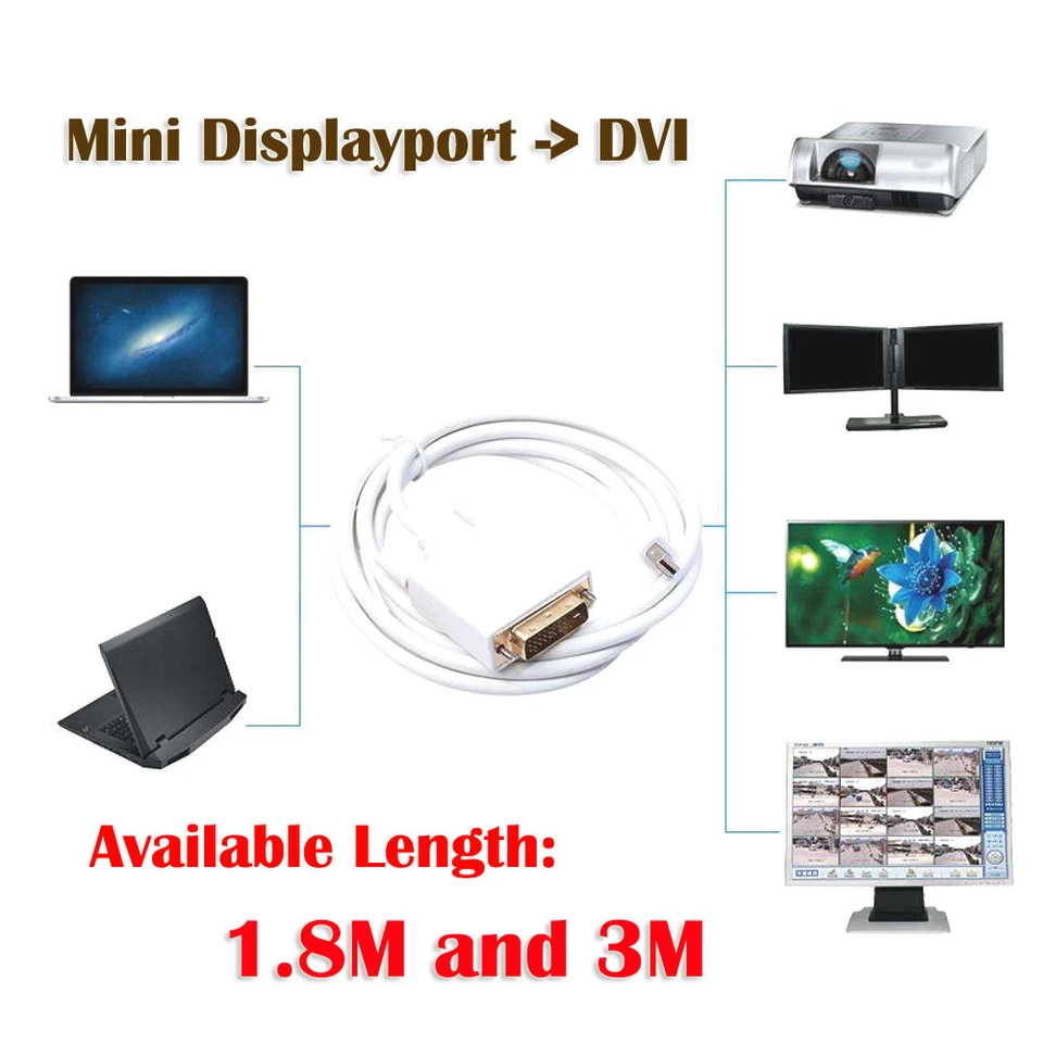 6ft 1.8M Mini Display Port DP Male to DVI Male Adapter Cable for MacBook Pro Air - Image 2 of 3
