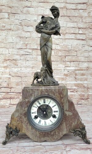 Französisch Mantle Clock Ein Moreau Figurale Frau Mit Hund Skulptur Wachs Dekor - 第 1/10 張圖片