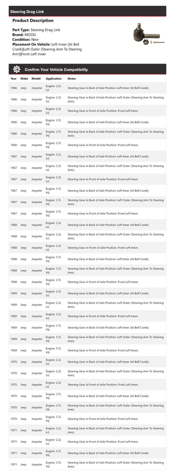 Para Jeep Jeepster 1966-1971 enlace de arrastre de dirección MOOG 1966 1967 1968 1969 1970 Foto 2 de 4
