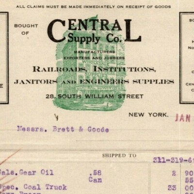 1918 Central Supply Co. Soap Brass Polish Billhead Letterhead South William NYC 
