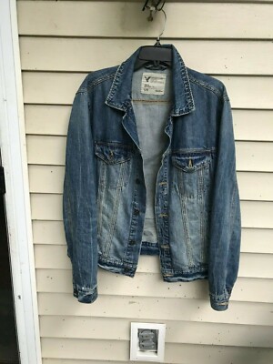 American Eagle Blue Cotton Distressed Denim Jean Trucker Jacket Men's SIZE  L