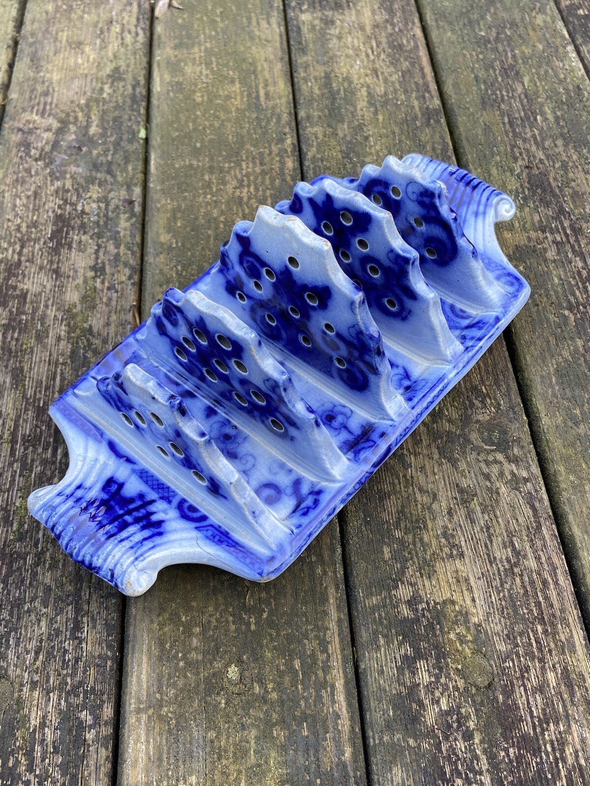 Antique Flow Blue Pottery Toast Rack Blue & White 19th Century