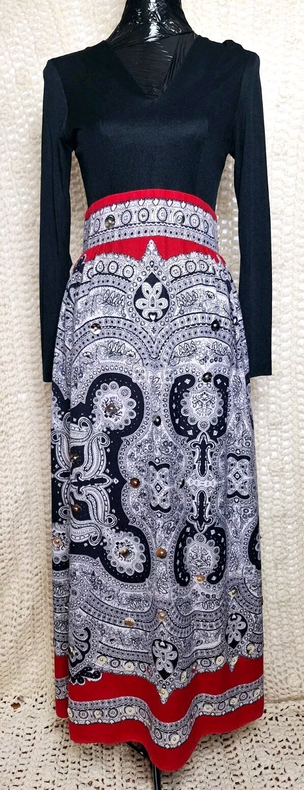 Vestido De Colección Años 70 Unión Hecho en EE. UU. Boho Hippie Festival Gitano Negro Rojo Blanco