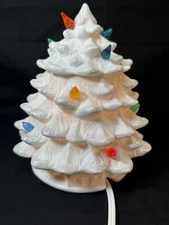 Vintage White Matte 8”ceramic 2 Piece Light Up Christmas Tree Train On Base 