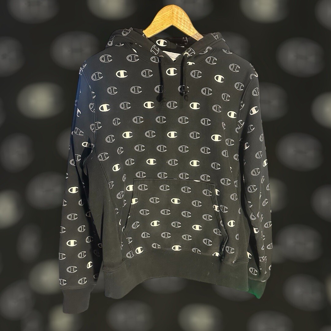 VTG Champion Reverse Weave Hoodie Mens M Black White Fleece Pullover Sweatshirt