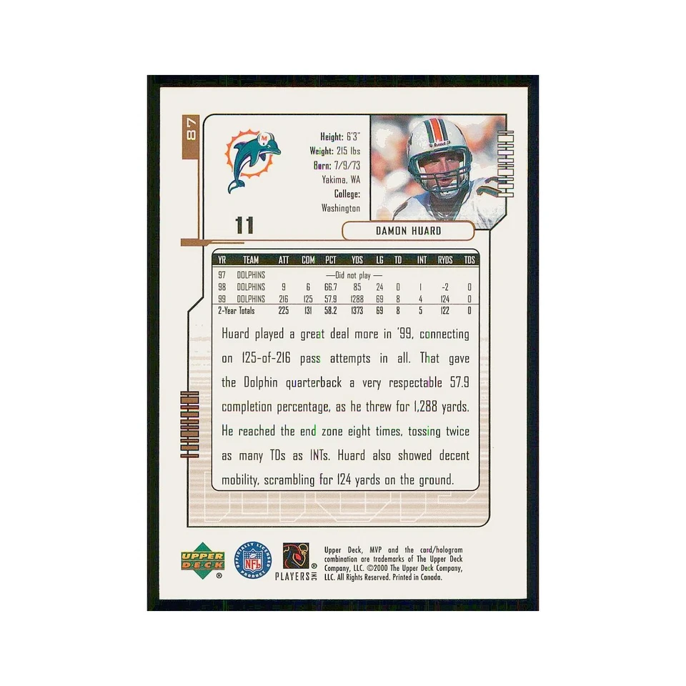 2000 Upper Deck MVP Damon Huard Dolphins #87 - Image 2 of 3