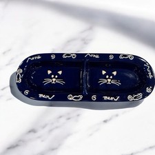 Cat Meow Double Dish Cobalt Blue Ceramic Bowl 12.5" Mouse Whisker Feeder Tray