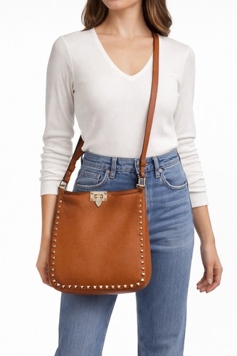 Valentino Rockstud Grainy Calfskin Crossbody Bag Orange Leather Medium Size