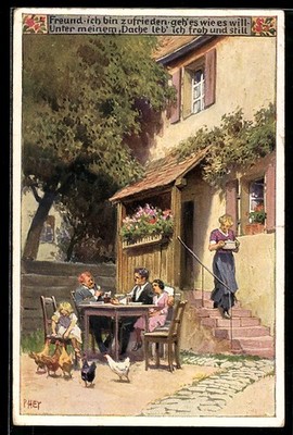 Künstler-AK Paul Hey: Volksliederkarte Nr.99: Freund, ich bin zufrieden, Idylli 