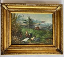 Tableau Ancien , Les Poules Et Le Coq Début XX Eme