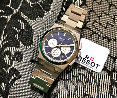 Tissot PRX Herren Chronograph Quarz Armbanduhr Edelstahl blau 100 m