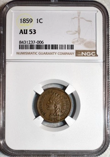 NGC AU-53 1859 Indian Head Cent, Richly Hued, Lightly Lustrous, 1st Year Issue.