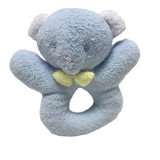 Vintage EDEN rattle blue bear yellow bow tie terry cloth plush ring