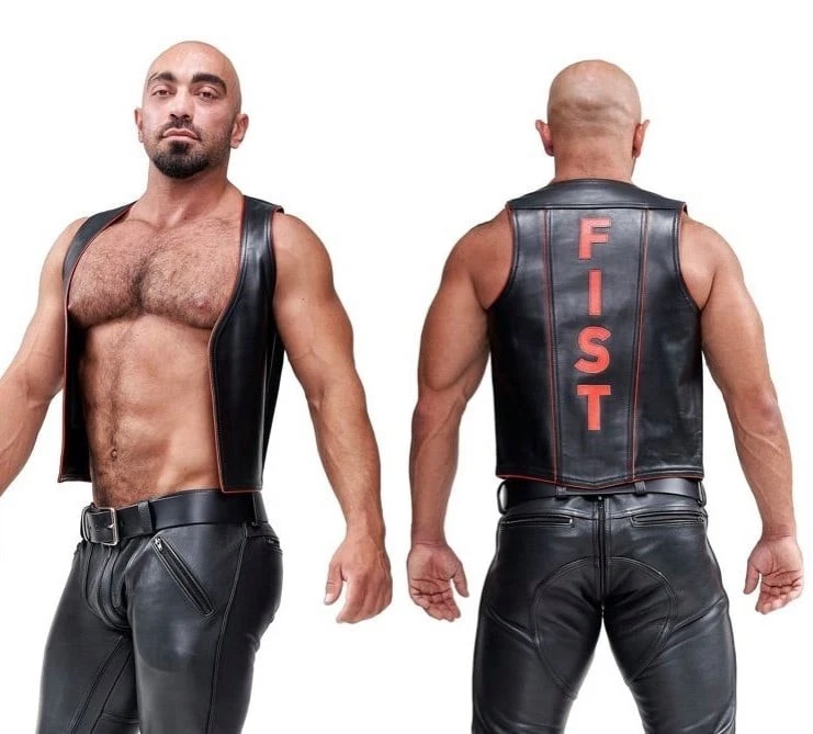 Men Leather Fist Vest Black With Red Piping Cowhide Leather Gay Fetish Bar Vest