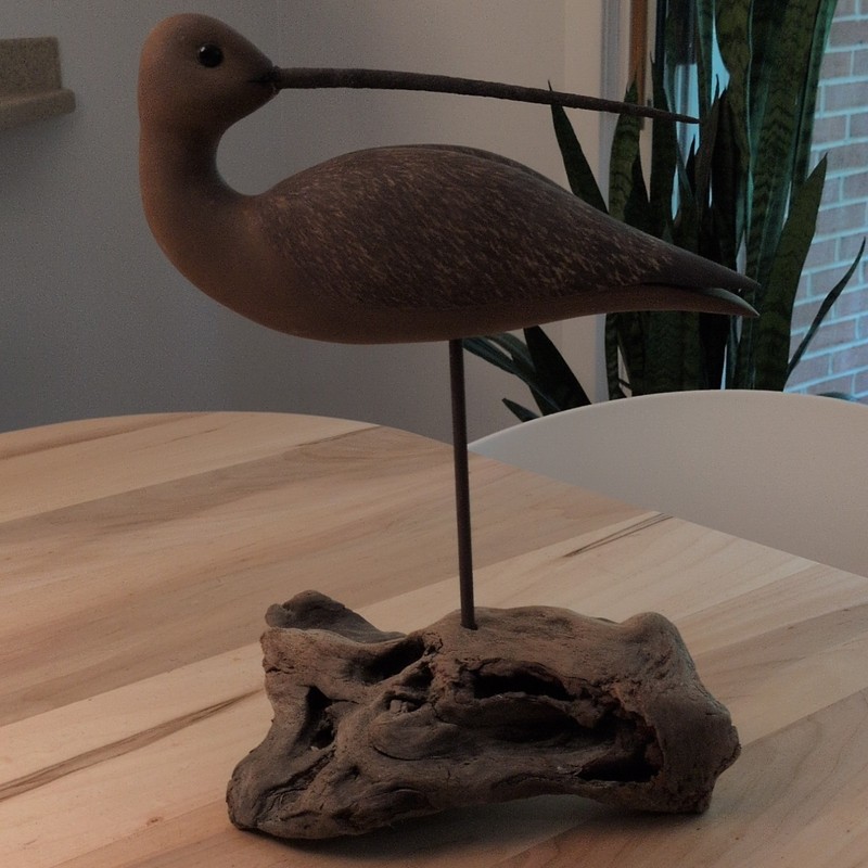 Hand-Carved Wooden Bird Sculpture, Metal Stand Driftwood Base, Signed
