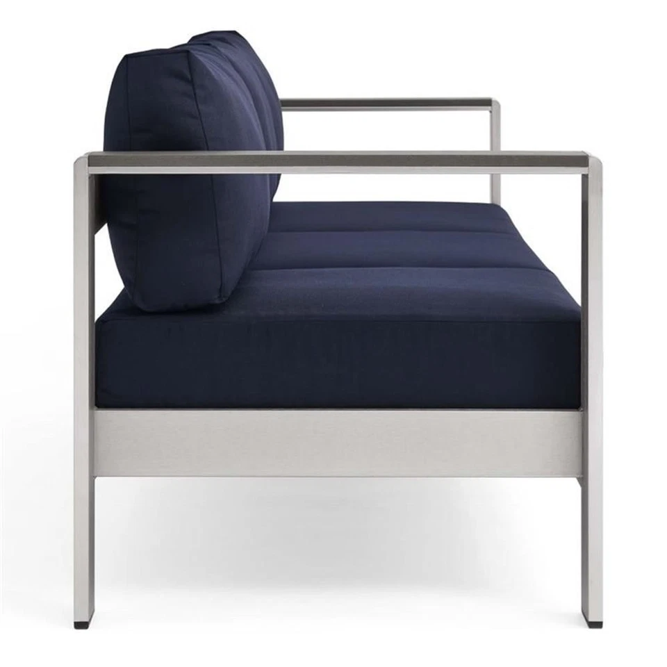 Sofá de aluminio y tela para patio exterior Modway Shore en plata/azul marino Foto 4 de 4