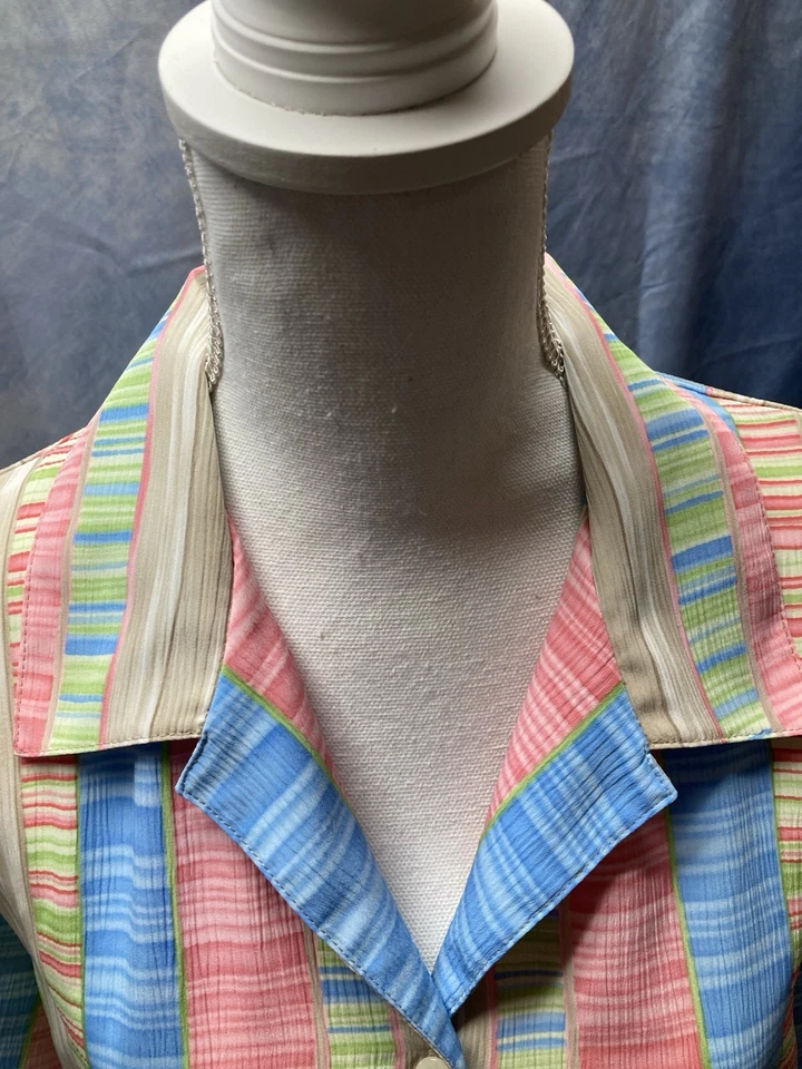 Vintage 1980s Women’s Alia Striped Pastel Colors Button Down Shirt Size 12 - Image 2 of 4
