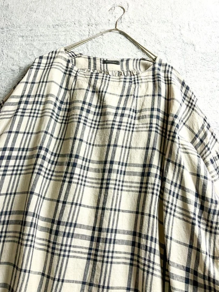 Robe maxi évasée à carreaux Veritecoeur 100 % lin gris manches longues - Photo 4/4