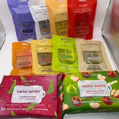 Ashley Belle Lot of 8 Hand Sprays and 2 PK Wipes Sultry Scents Travel Hygiene