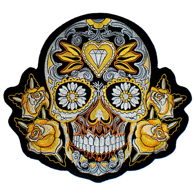 9'' Sugar Skull Day of Dead Art Diamond Roses Jacket Vest Biker Back Patch Rider