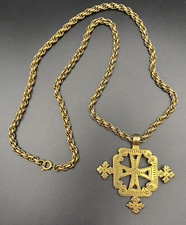 Vintage Ethiopian Coptic Cross Pendant Necklace Reversible Gold Tone 24"