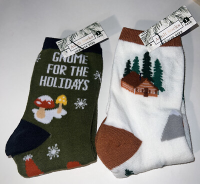 Christmas Socks Two (2) Pairs Gnomes & Cabins Adult Novelty Socks Unisex 4-10 OS