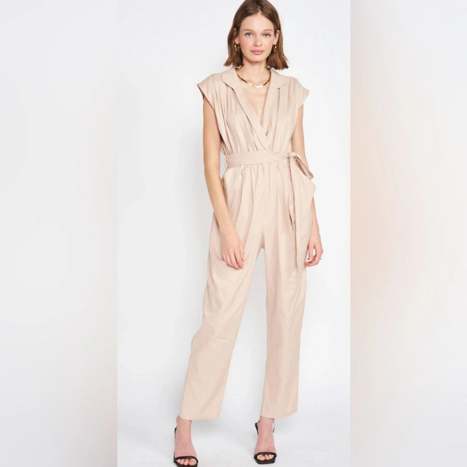En Saison Madison Cotton Jumpsuit in Natural Beige NWT Women Clothing Size Small