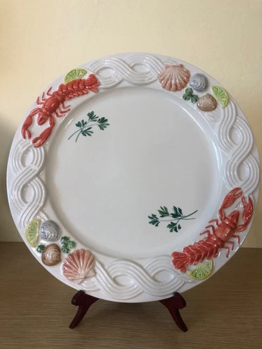 Set 4 Large Vintage Italian Majolica Ceramic Seafood Plates Hand Painted 3D 13”